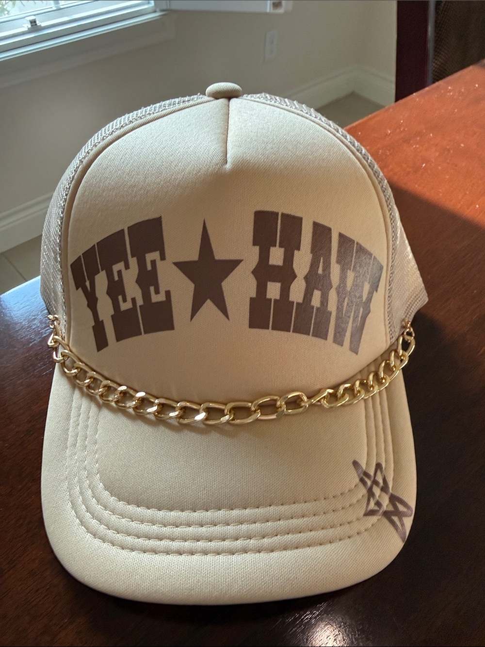 Yee Haw Beige Trucker Hat with Gold Chain